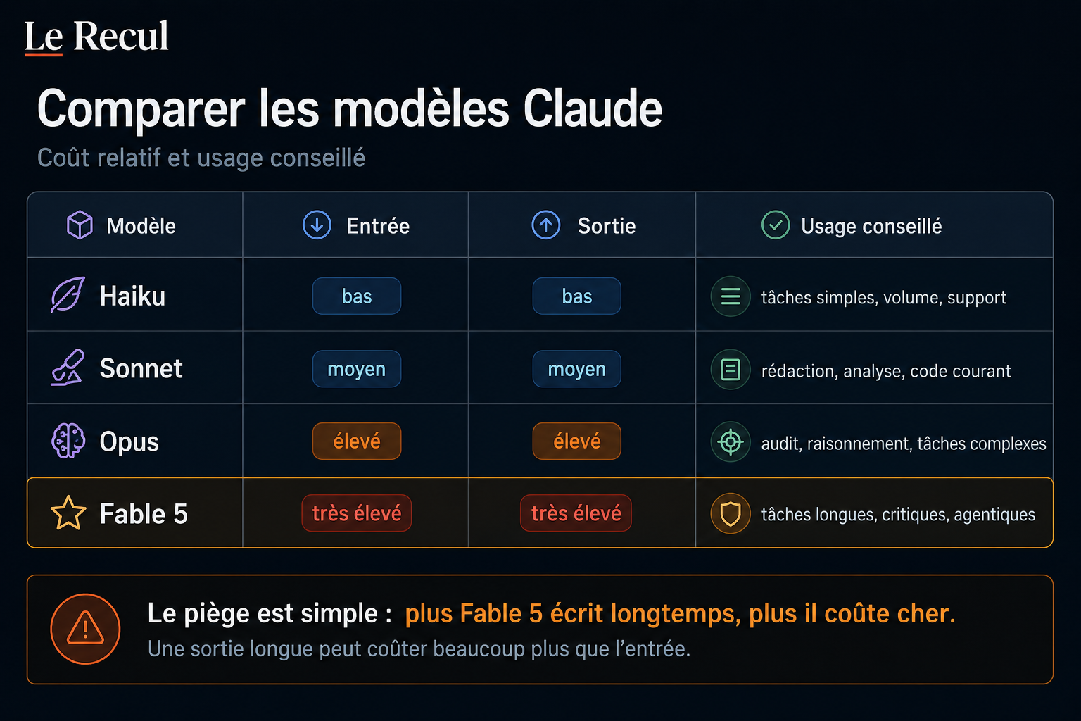 Comparer les modèles Claude : coût relatif et usage conseillé