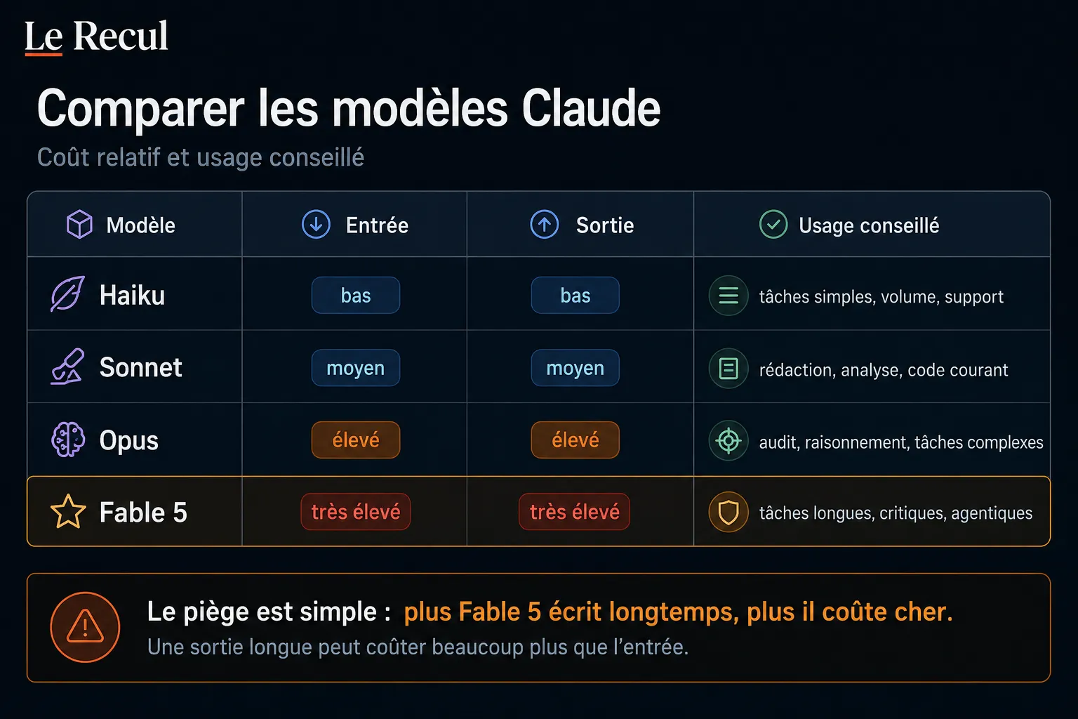 Comparer les modèles Claude : coût relatif et usage conseillé