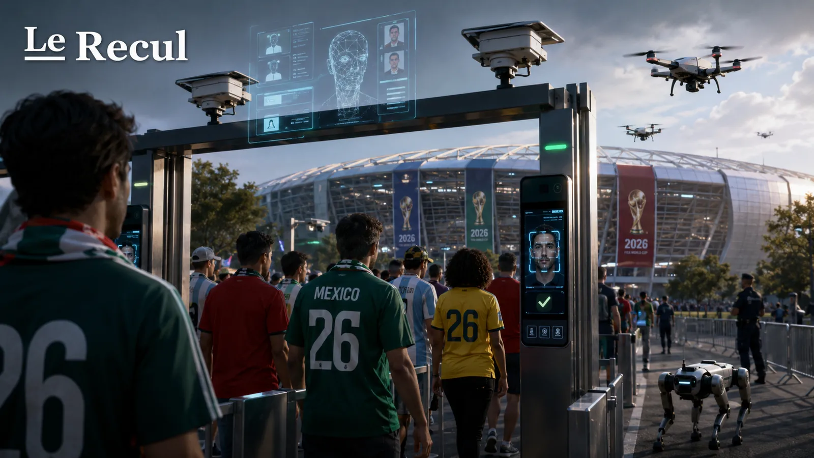 Supporters entrant dans un stade de Coupe du monde 2026 sous surveillance IA, avec portiques biométriques, reconnaissance faciale, drones et chiens-robots.