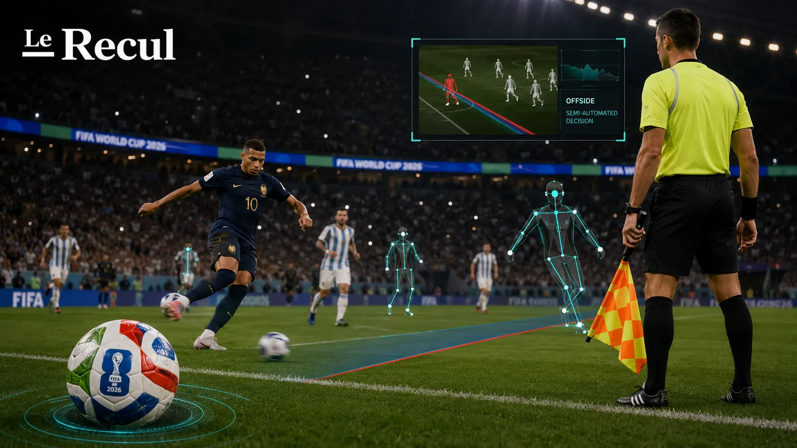 Arbitrage assisté par IA pendant la Coupe du monde 2026, avec ballon connecté, lignes de hors-jeu semi-automatisées et données de suivi des joueurs.