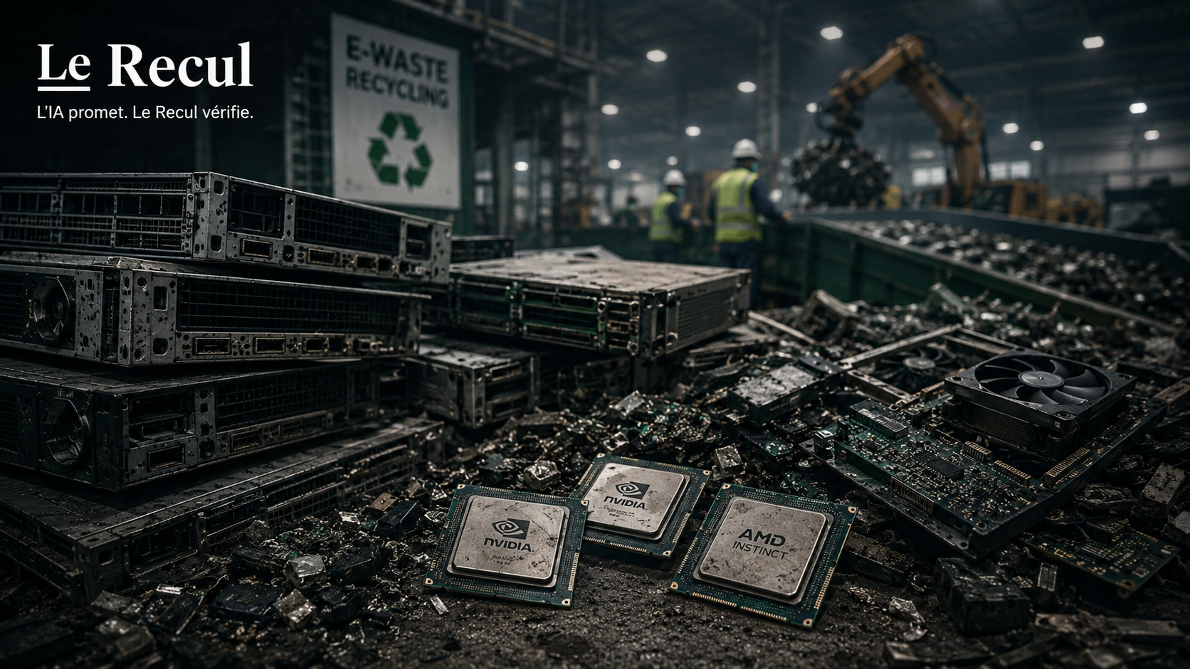 Déchets électroniques liés à l’IA générative : serveurs usagés, GPU, puces et cartes électroniques dans un centre de recyclage.