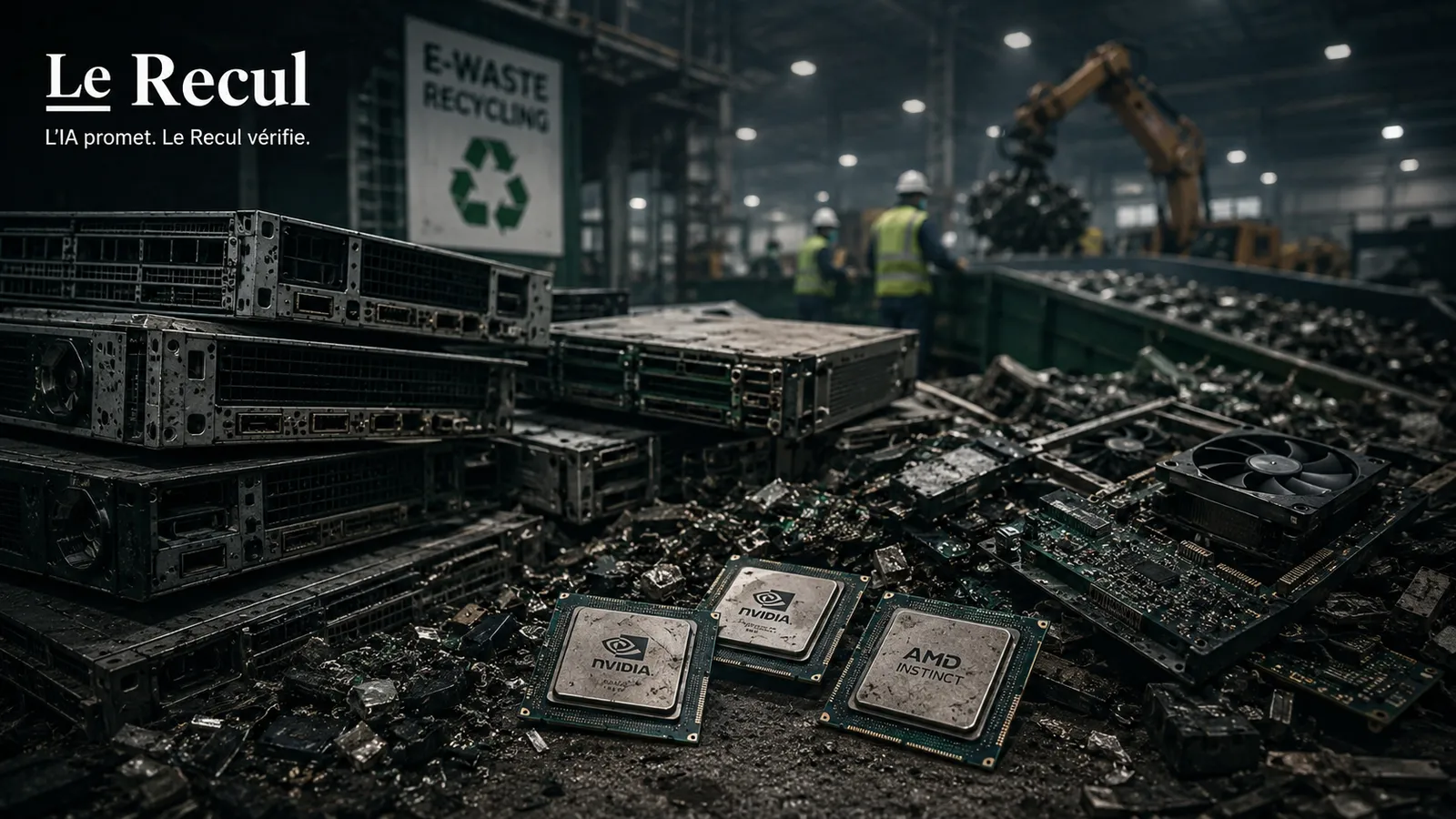 Déchets électroniques liés à l’IA générative : serveurs usagés, GPU, puces et cartes électroniques dans un centre de recyclage.