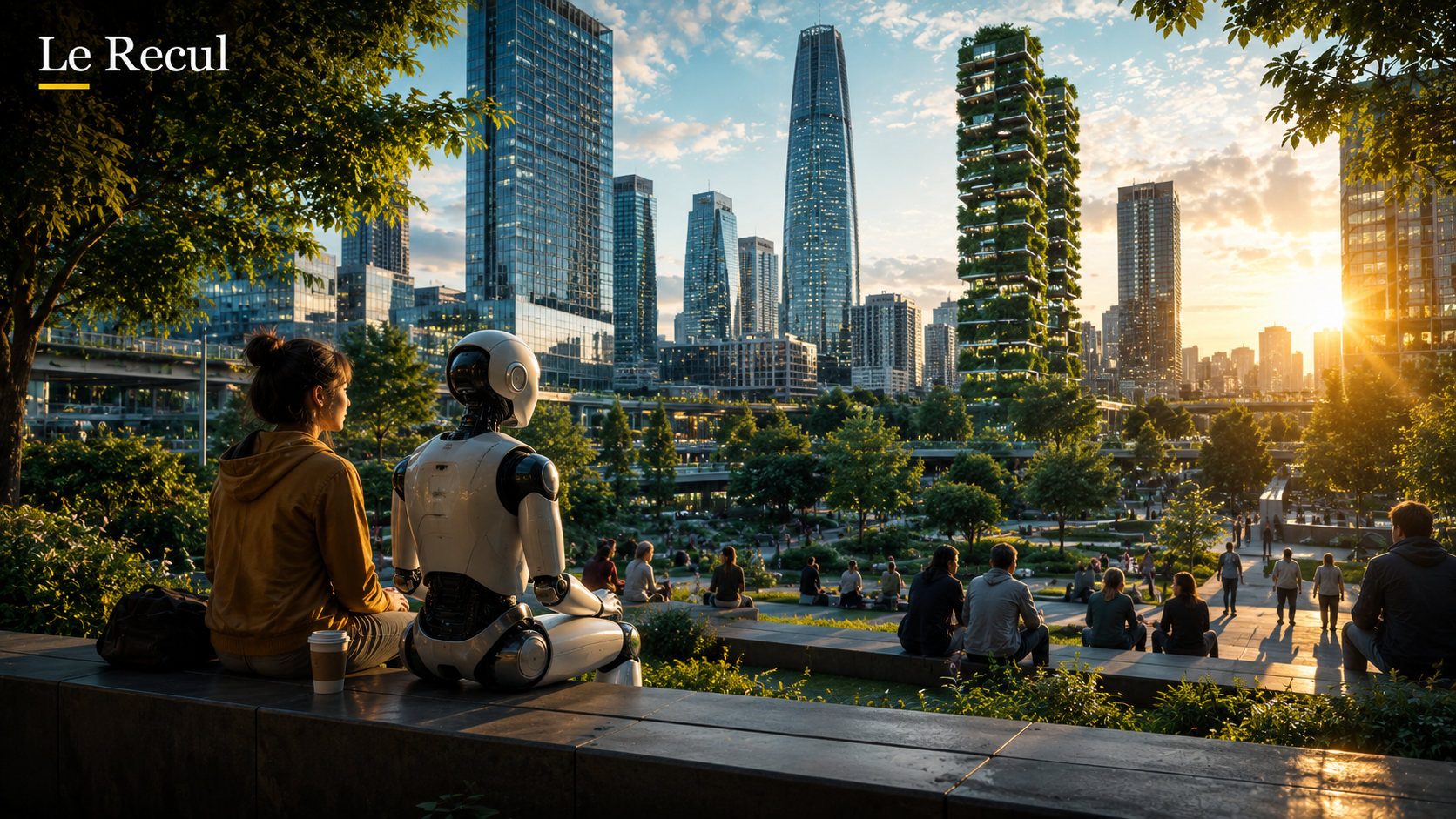 Humain et robot observant une ville où l'intelligence artificielle est devenue omniprésente.