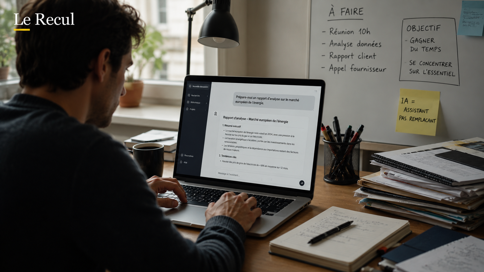 Un professionnel utilise un assistant d’intelligence artificielle pour préparer un rapport, tout en conservant la supervision du travail.