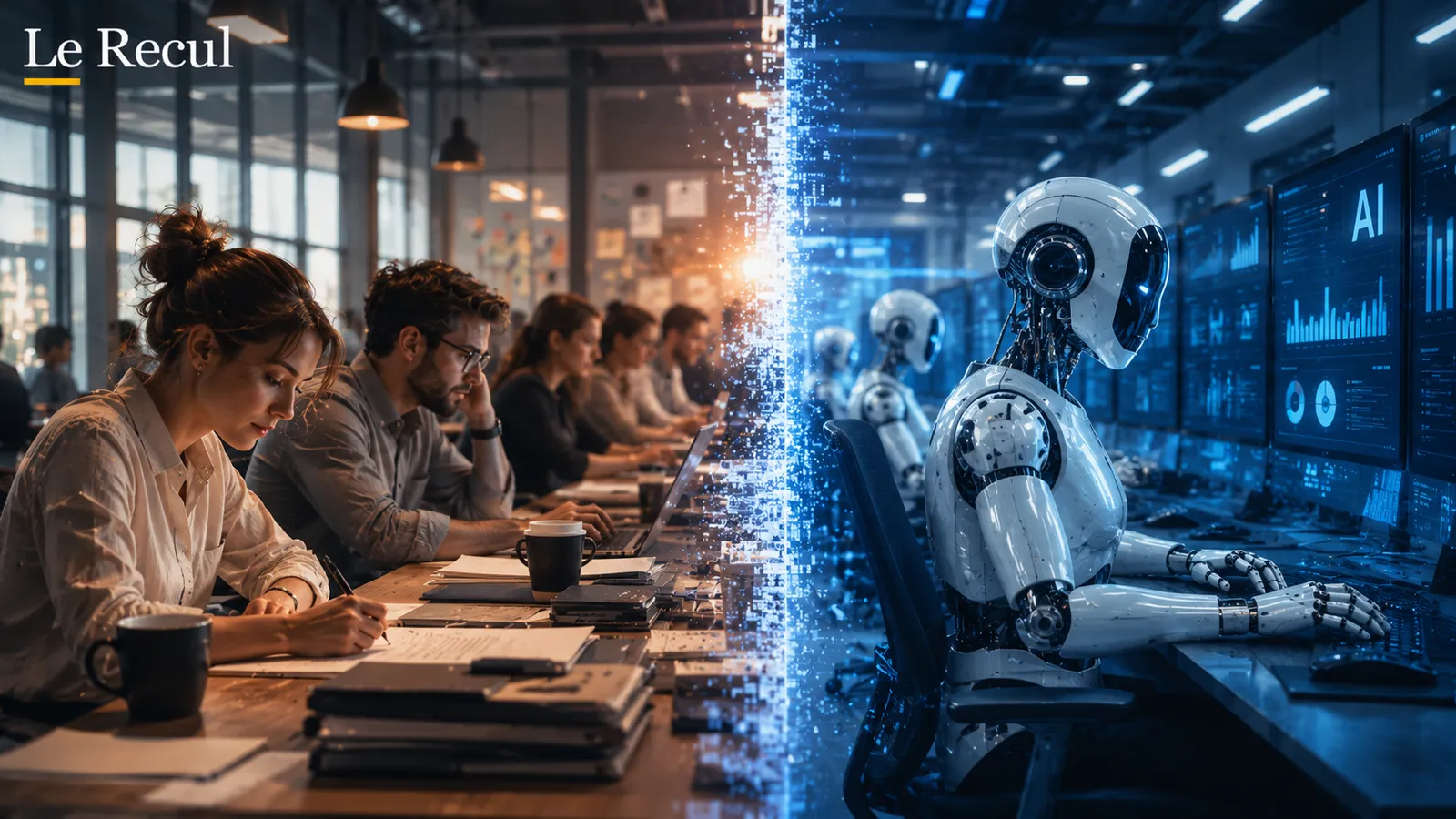 Travailleurs humains et systèmes d’intelligence artificielle illustrant la transformation progressive des tâches professionnelles.