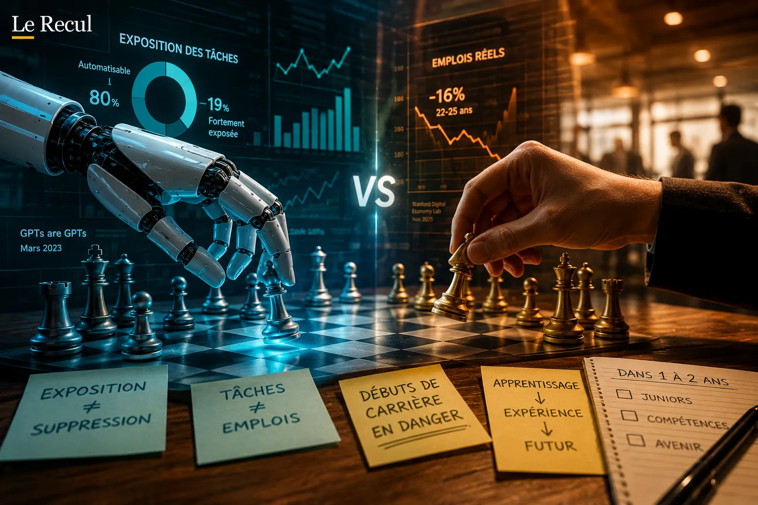 Une partie d’échecs symbolisant l’écart entre l’exposition théorique des métiers à l’intelligence artificielle et ses effets réels sur l’emploi.
