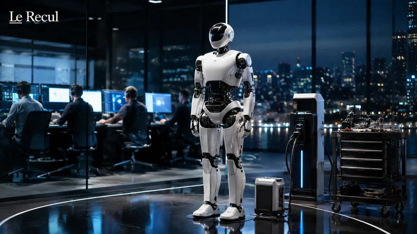 Robot humanoïde dans un laboratoire de développement, entouré d'équipes techniques et d'équipements de test.
