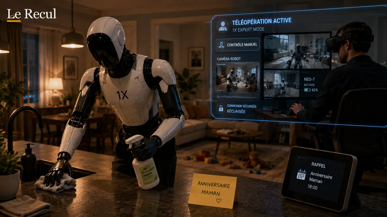 Robot humanoïde domestique téléopéré à distance par un opérateur humain à l'intérieur d'un logement.