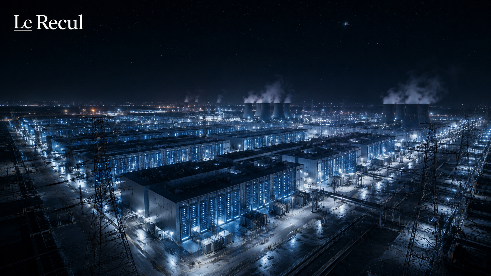 Vue nocturne d'un immense data center terrestre relié au réseau électrique, là où se concentre réellement le calcul de l'IA, bien plus qu'en orbite