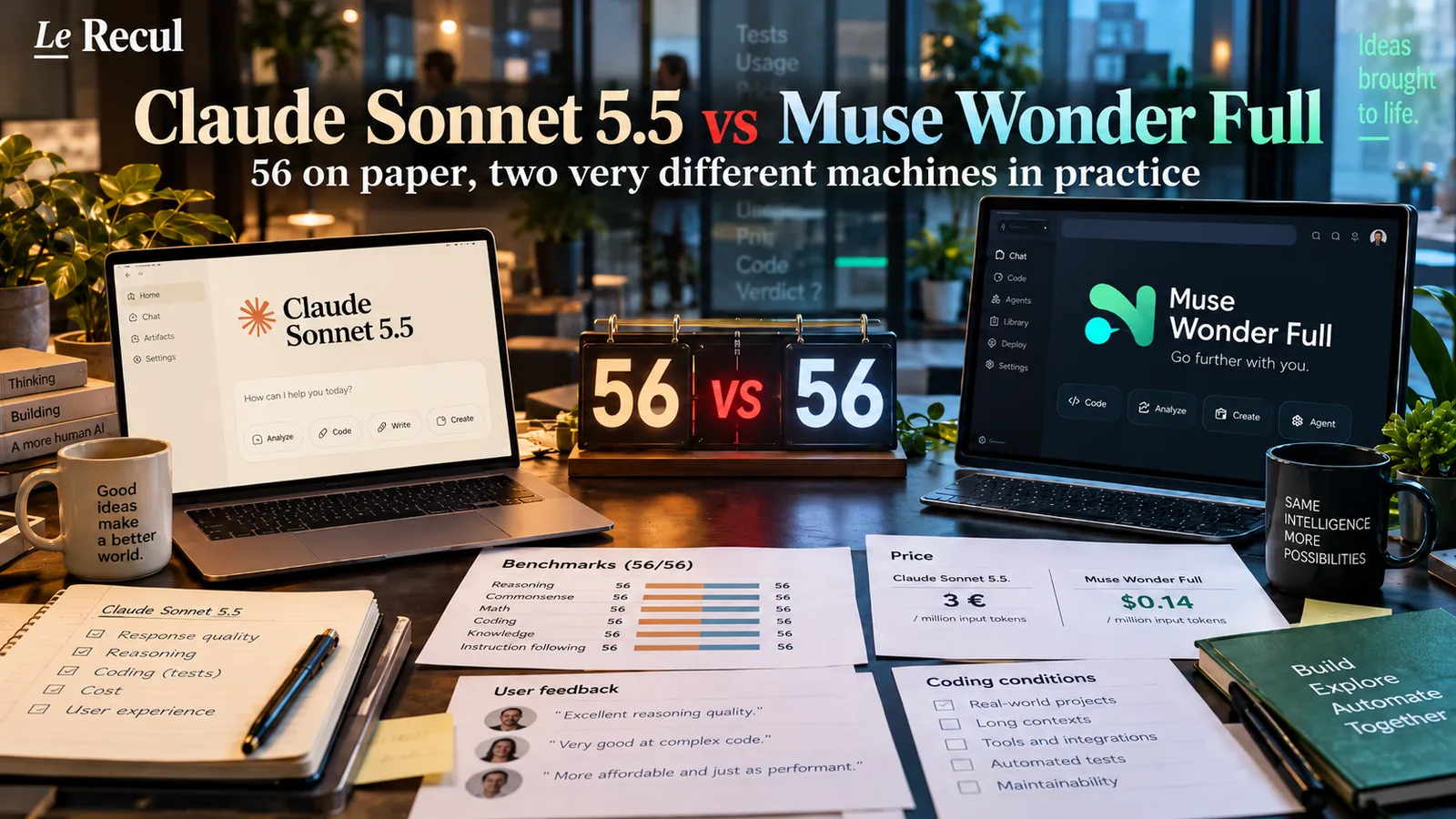 Claude Sonnet 5.5 vs Muse Wonder Full: level at 56 on paper, two very different machines in practice