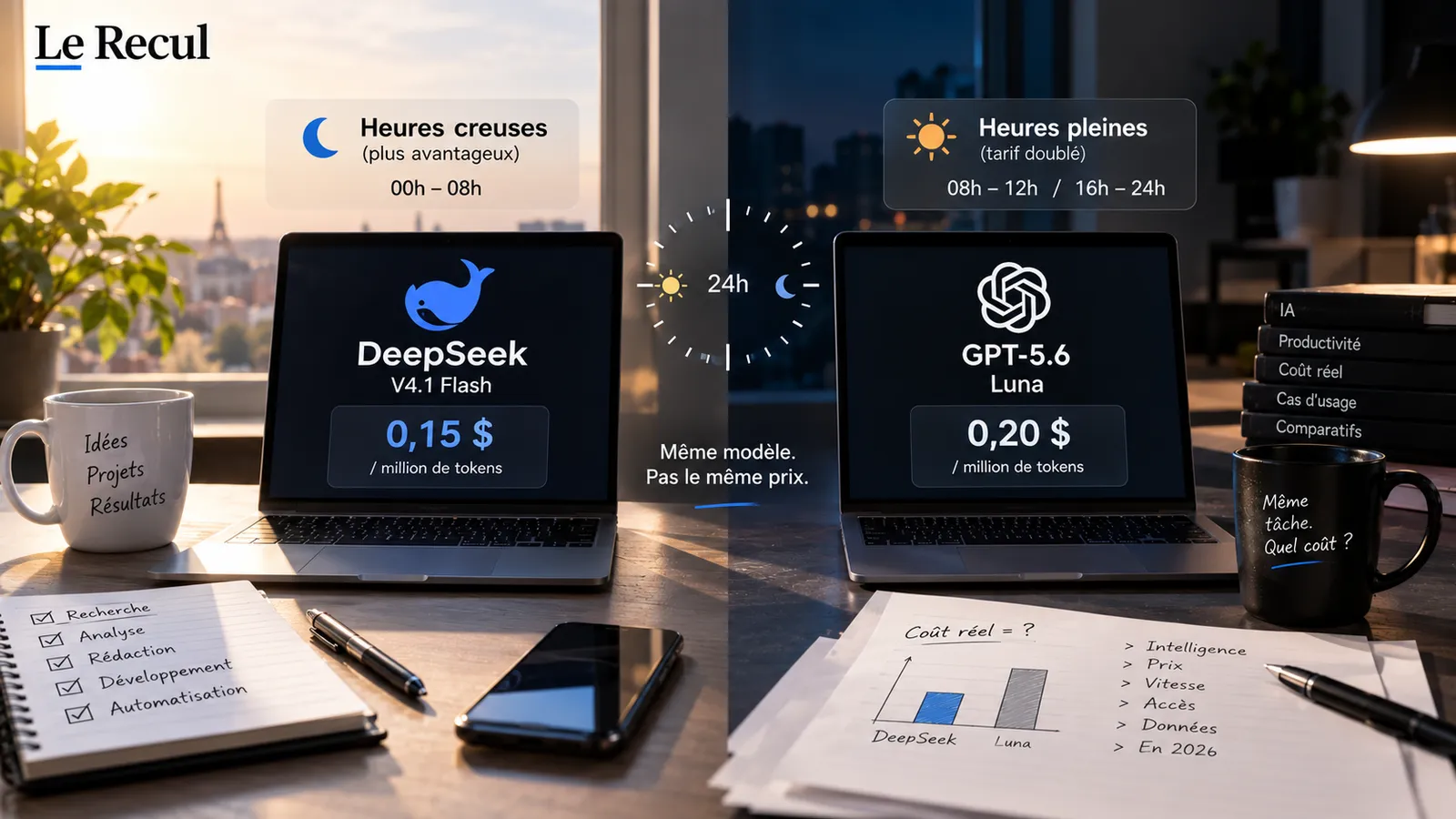 Comparaison du coût réel entre DeepSeek V4.1 Flash et GPT-5.6 Luna selon l'heure d'utilisation et le volume de jetons.