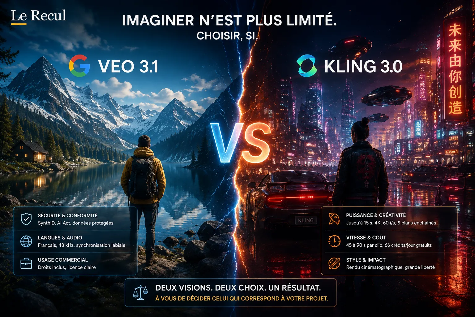 Comparaison visuelle entre Veo 3.1 et Kling 3.0, deux générateurs vidéo par intelligence artificielle.